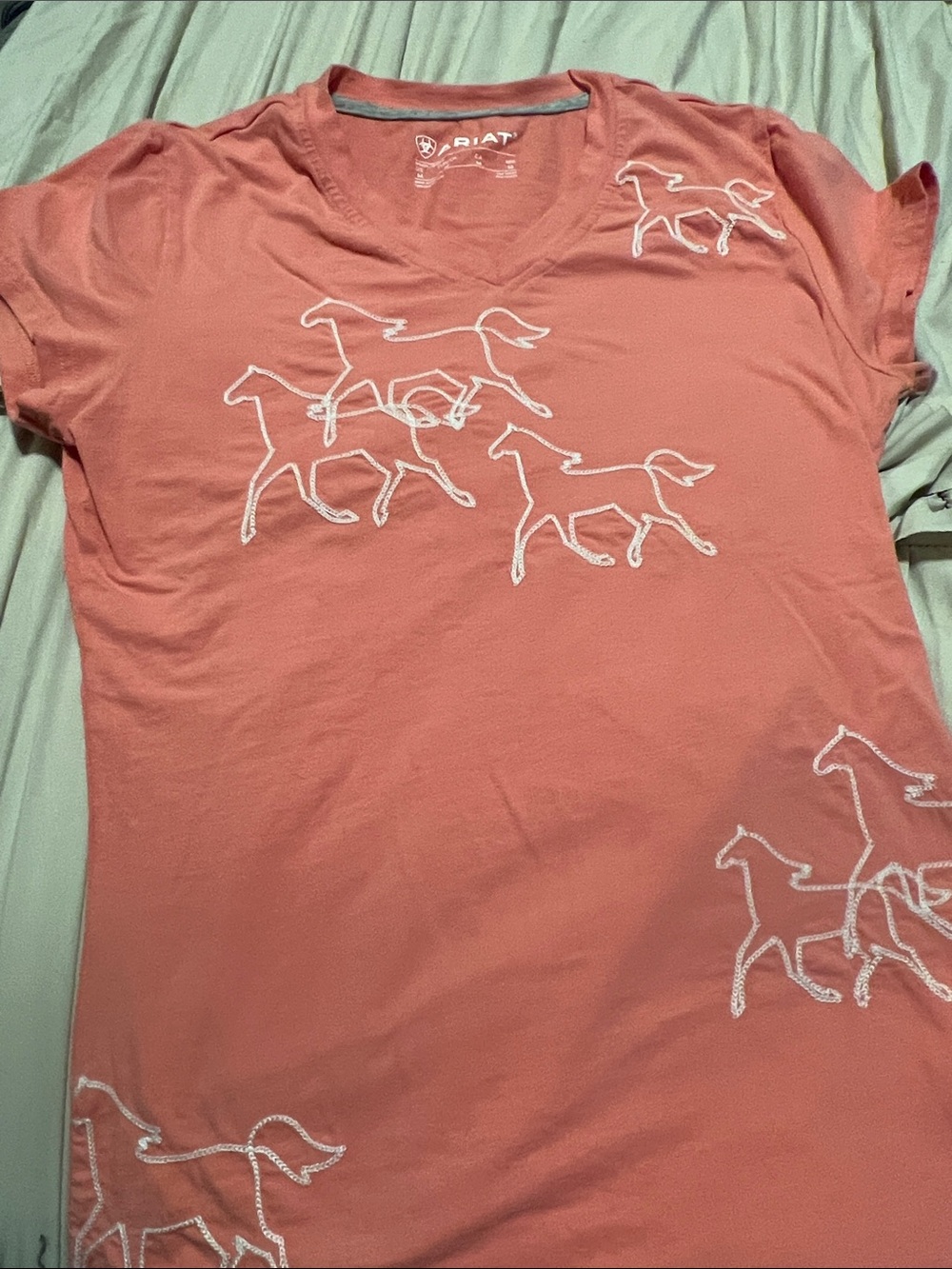 Ariat Coral-Pink Trot Line Short Sleeve Tee with White Horse Outlines